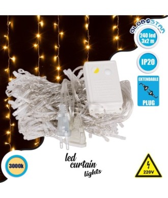 85800 Διακοσμητική Κουρτίνα 3 x 2 Μέτρα με Controller 8 Προγραμμάτων Φωτισμού - Επεκτεινόμενη 240 LED 6W AC 230V με Διάφανο Καλώδιο & Πρίζα Schuko IP20 Θερμό Λευκό 3000K Μ3 x Υ2m